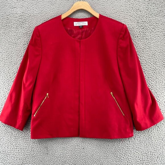 Tahari Jacket Womens 16 Petite Red Zip Pockets Open Front Blazer Stretch Office - Picture 1 of 11